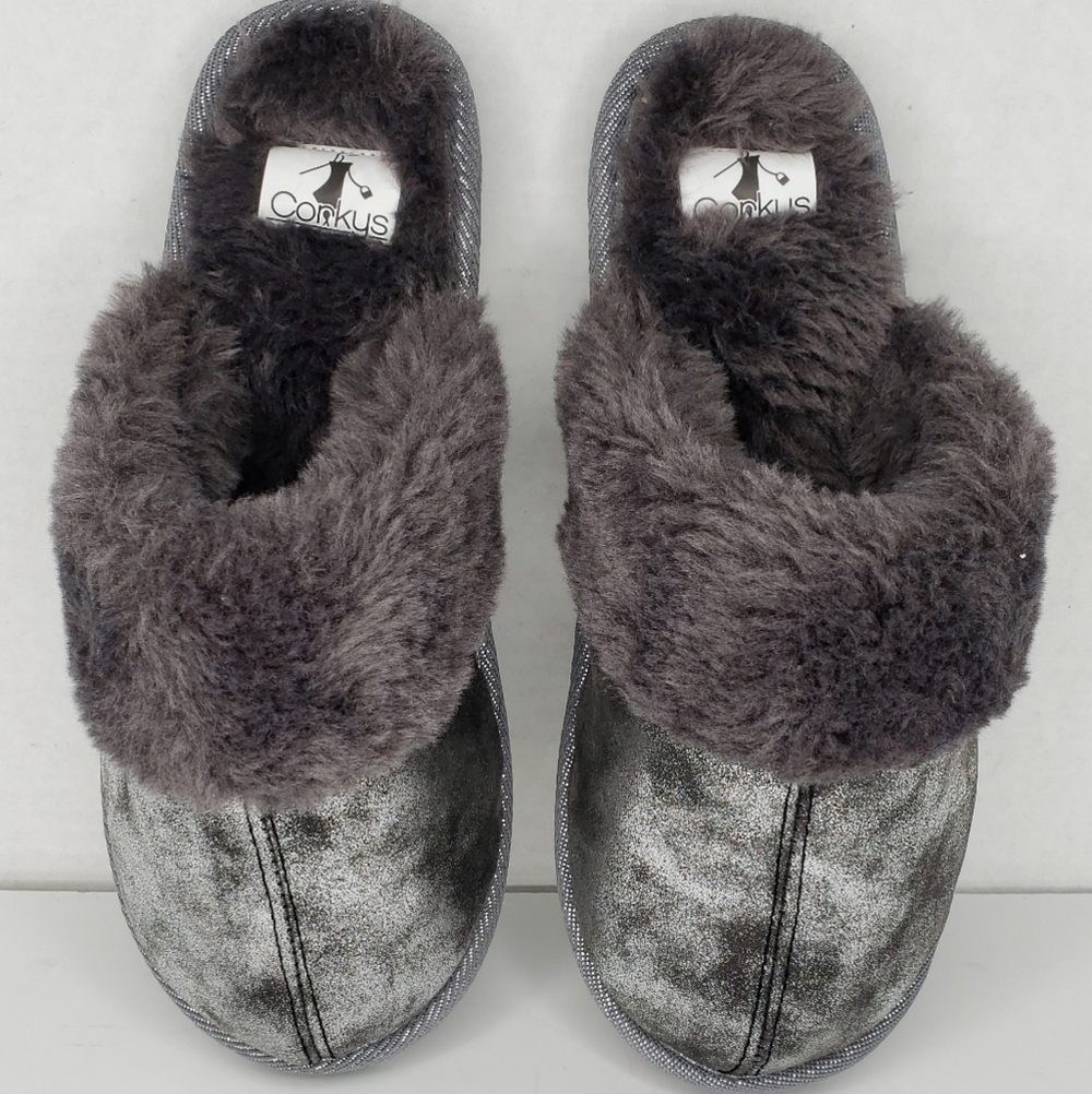 Corky Snooze Slippers Metallic Gray Distressed Slipper sz 6 Cute Comfy Warm Soft
